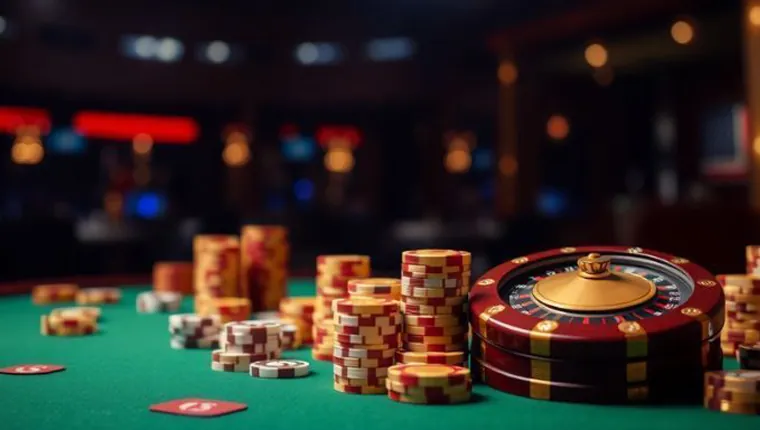Close-up shot of a smartphone screen displaying the 777pub registration form with blurred hands typing, set against a backdrop of glowing casino lights and scattered golden chips, emphasizing secure and easy access.